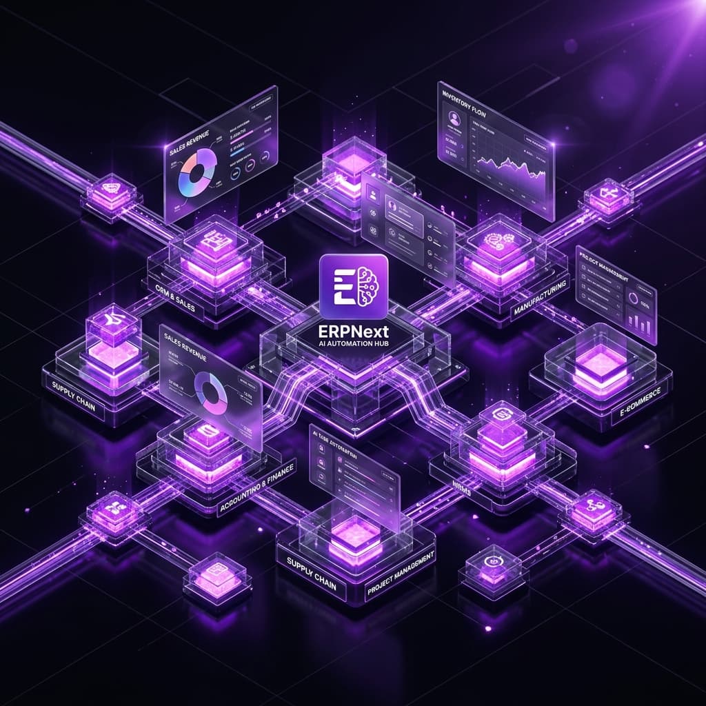 Innogenio 3D ERPNext and AI Automation Architecture Visual